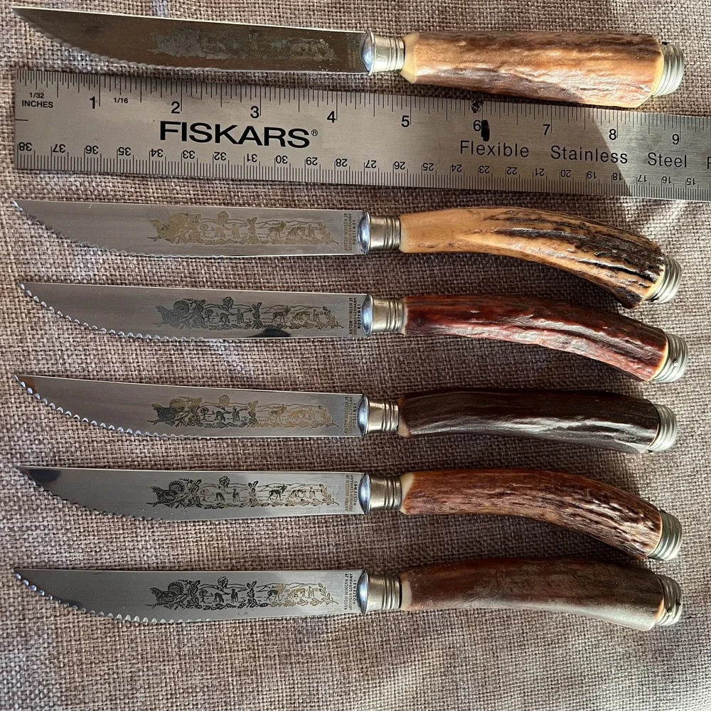 Anton Wingen Solingen Germany Rostfrei Engraved Stag Horn 6 Piece Knife Set‎
